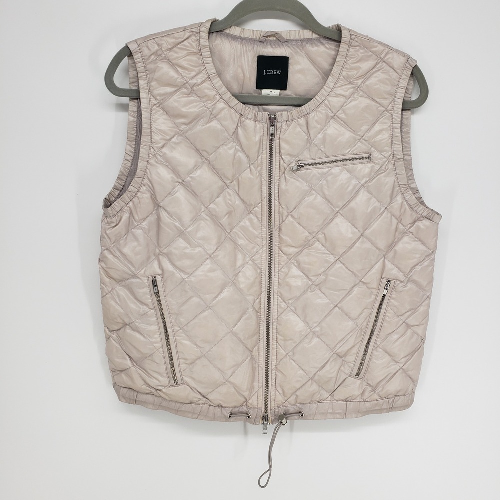 J Crew Quilted Puffer Vest Women Medium Beige Down Fill Zip Pockets Lightweight - Picture 1 of 7